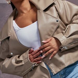 Women's Taupe Oversized Leather Biker Jacket